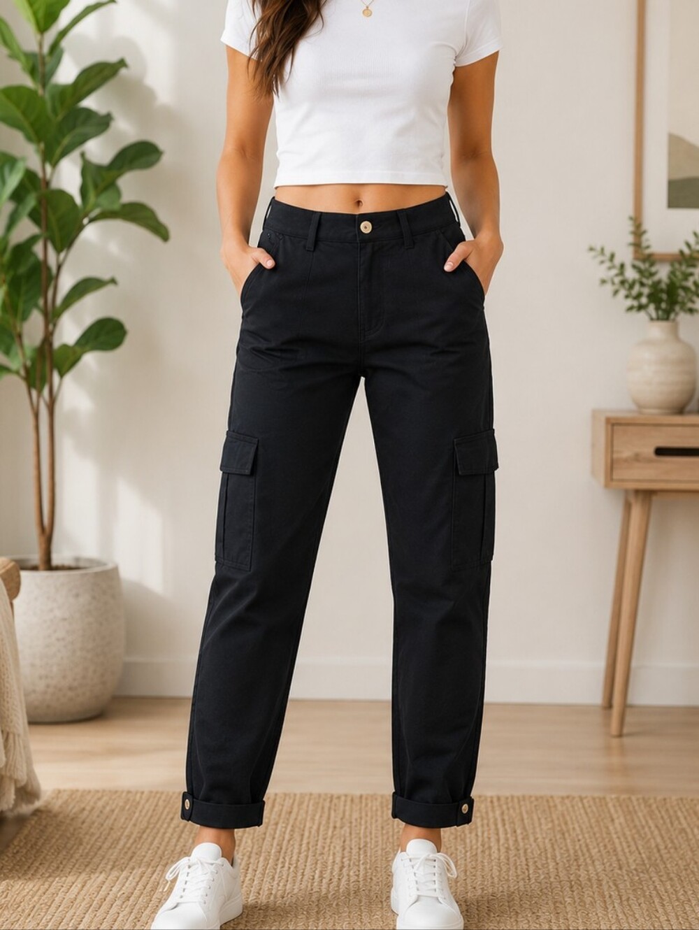 Oalka Cargo Pants Relaxed Fit Knit Waist Cropped Casual Hiking Pants Size XS